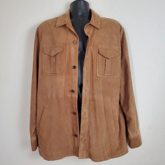 Tasso Elba Men's Jacket Large Brown Suede Leather Shacket Casual Preppy Academia - Picture 1 of 11